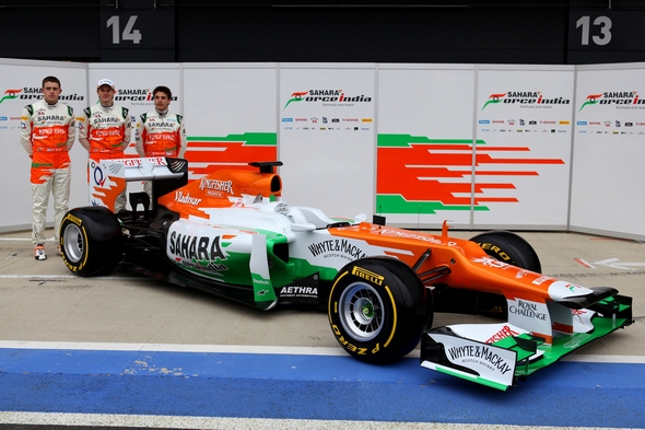 Sahara Force India Team: Vorstellung des neuen Boliden VJM05 für die Formel 1 Saison 2012, mit den Stammpiloten Nico Hülkenberg und Paul di Resta sowie mit dem neuen Ersatz- und Testfahrer für das Team, Jules Bianchi.